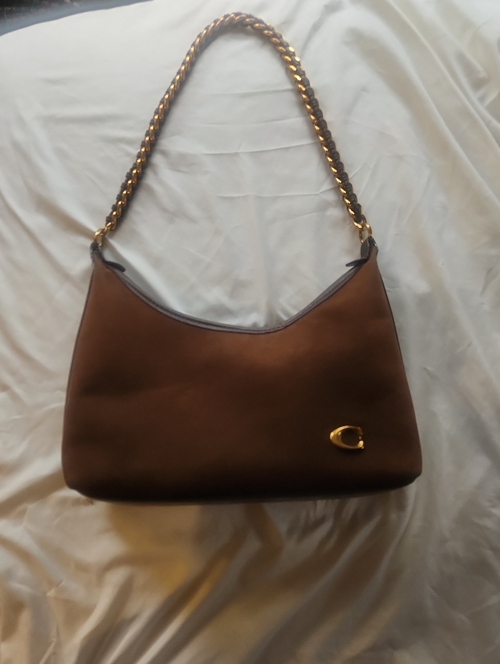 Faux Coach Brown Leather Shoulder Bag with Gold Chain Strap
